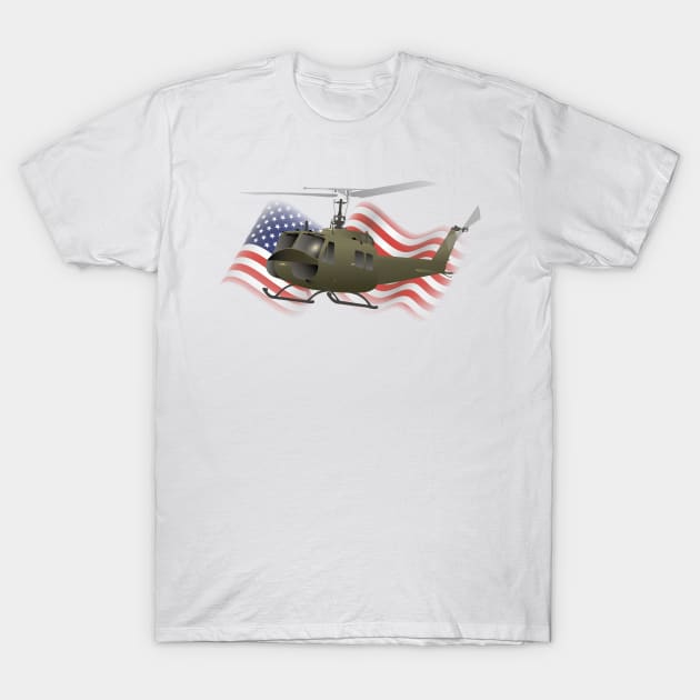 UH-1 Huey Helicopter with American Flag T-Shirt by NorseTech